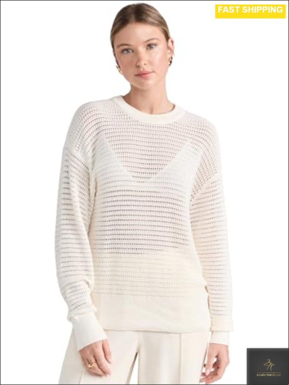 Lightweight Open Knit Ribbed Trim Long Sleeve Sweatshirt